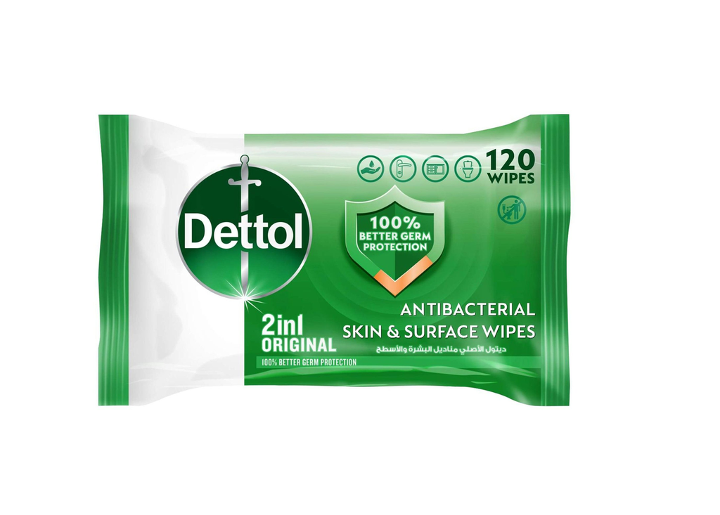 DETTOL ORIGINAL 2 IN 1 ANTI-BACTERIAL SKIN AND SURFACE WIPES 120 PCS